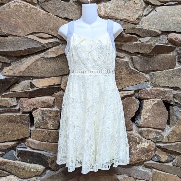 NWOT RYU Lace Chambray Bow Fit Flare Dress S - Picture 1 of 9